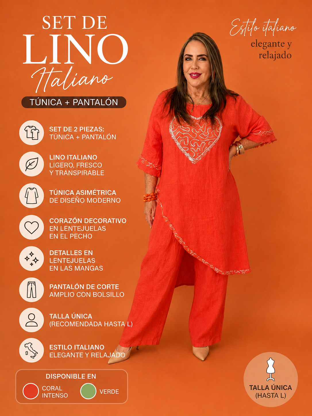 Set de Lino Italiano de Dos Piezas – Túnica Asimétrica con Corazón en Lentejuelas