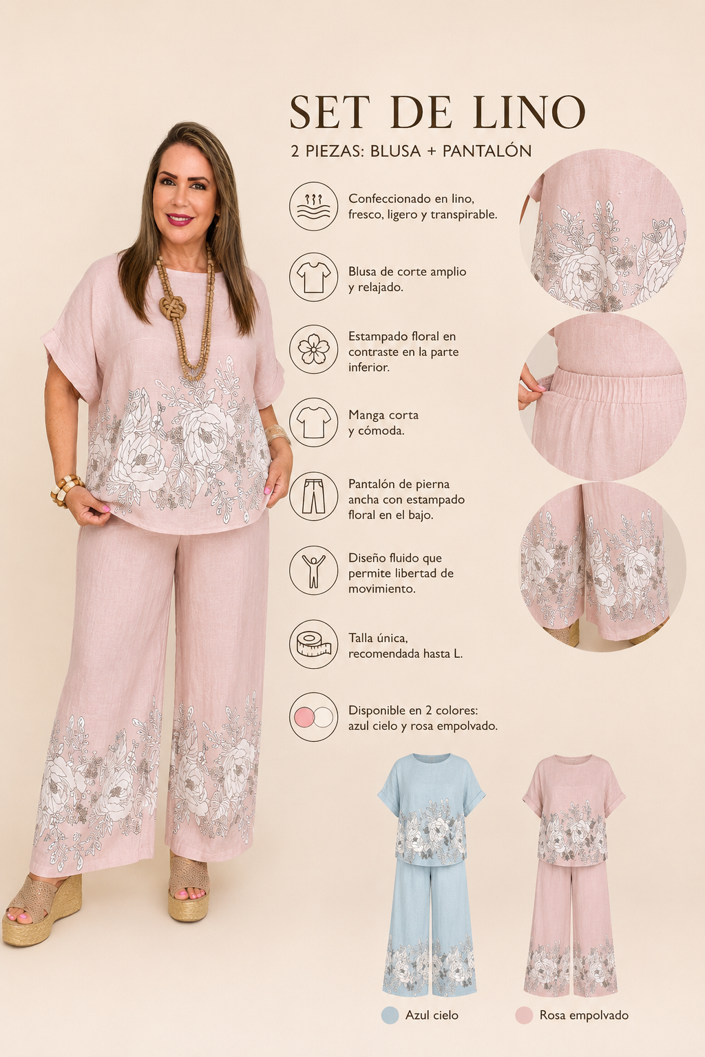 Set de Lino de Dos Piezas – Blusa + Pantalón 🌸🩵