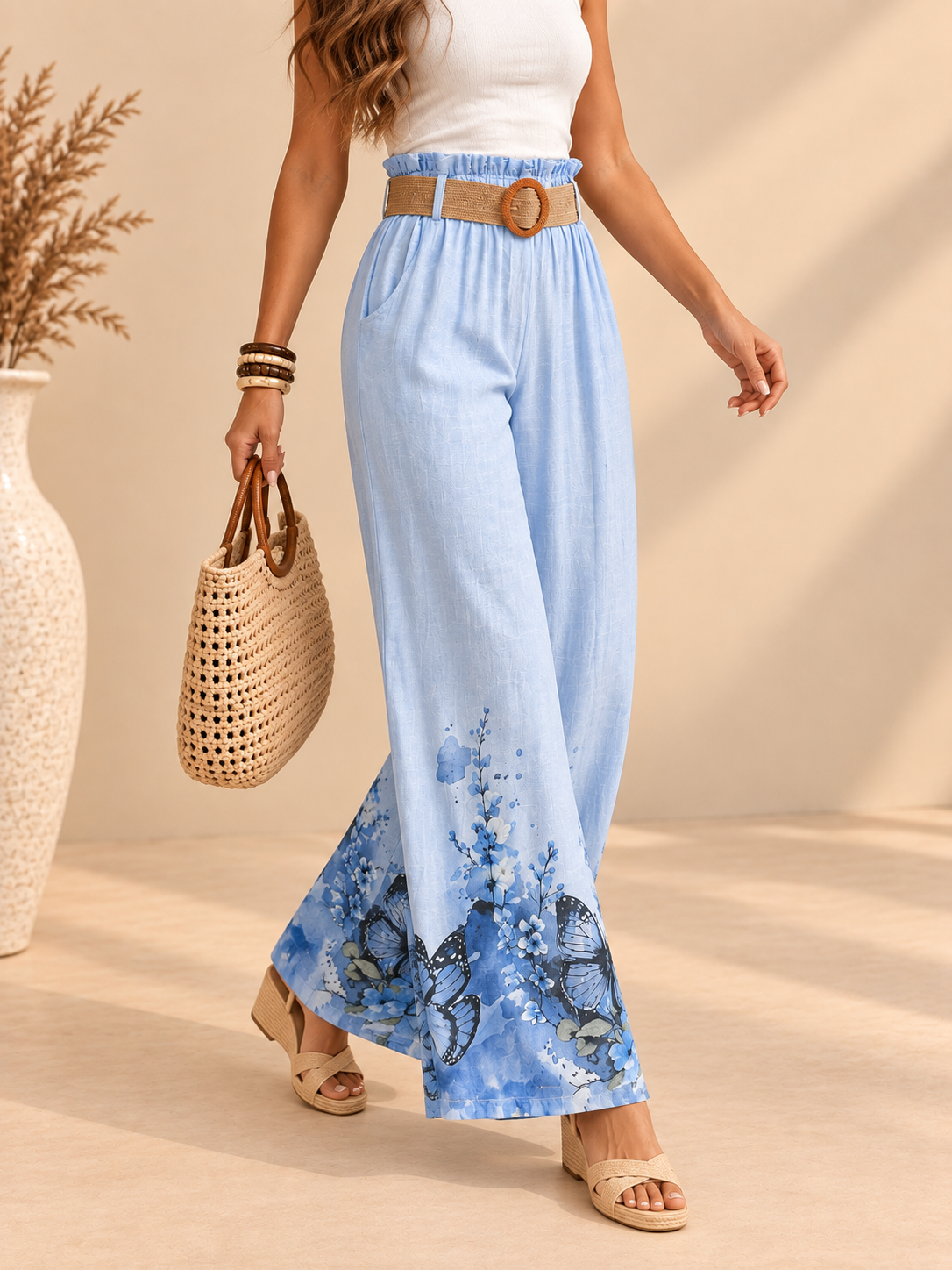 Pantalón de Algodón con Cinturón – Estampado Floral y Mariposas