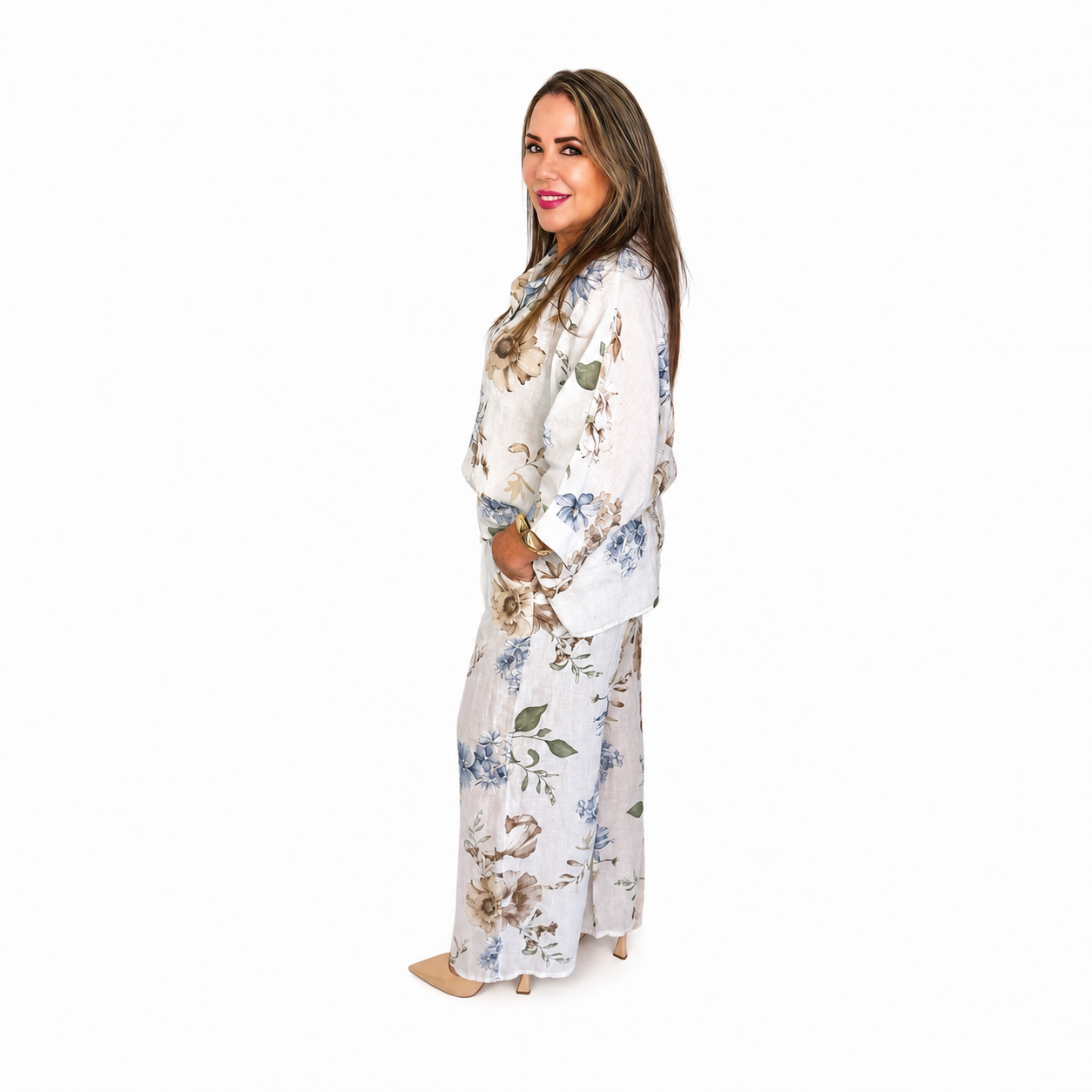 Conjunto Floral Premium de Lino de dos piezas/ blusa y pantalón