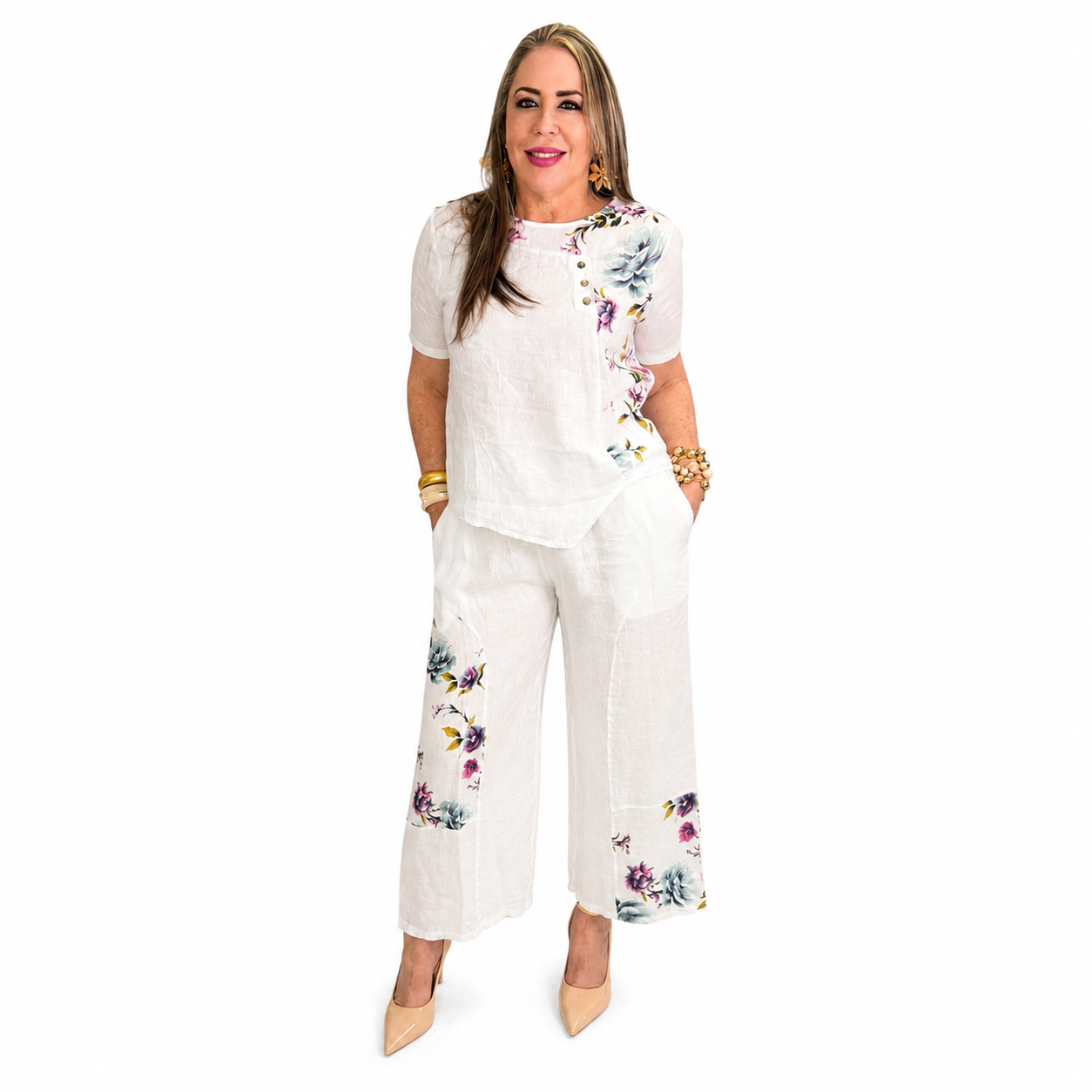 Set en lino color blanco con estampado floral