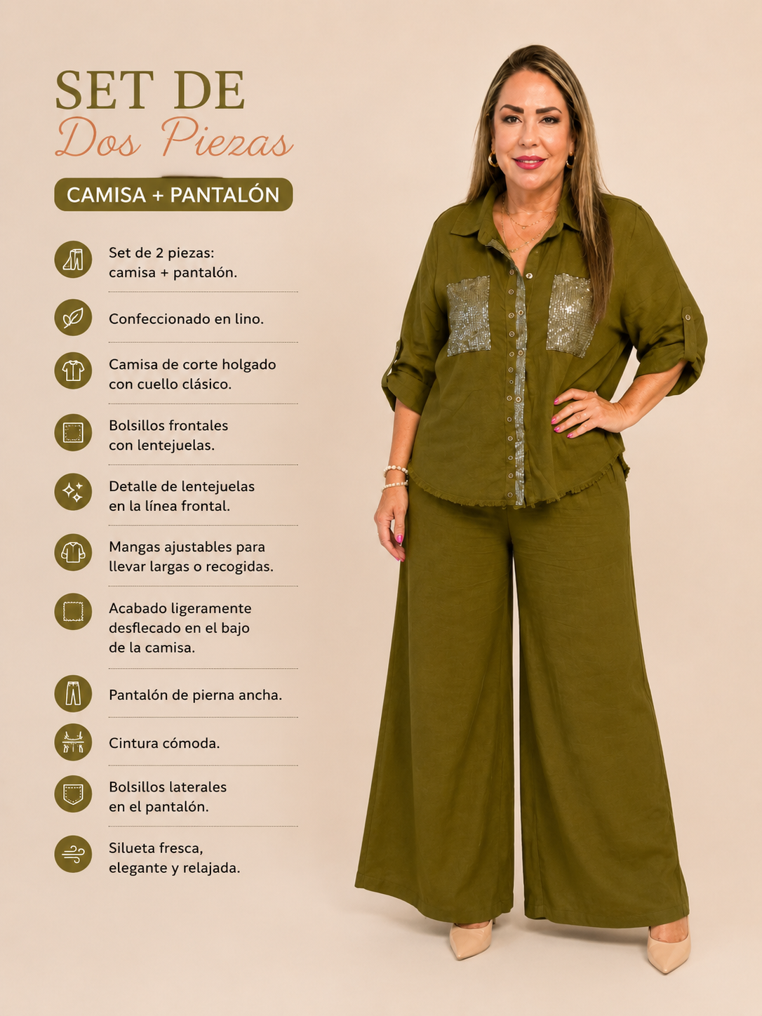 Set de Lino Pantalón con Camisa y Lentejuelas