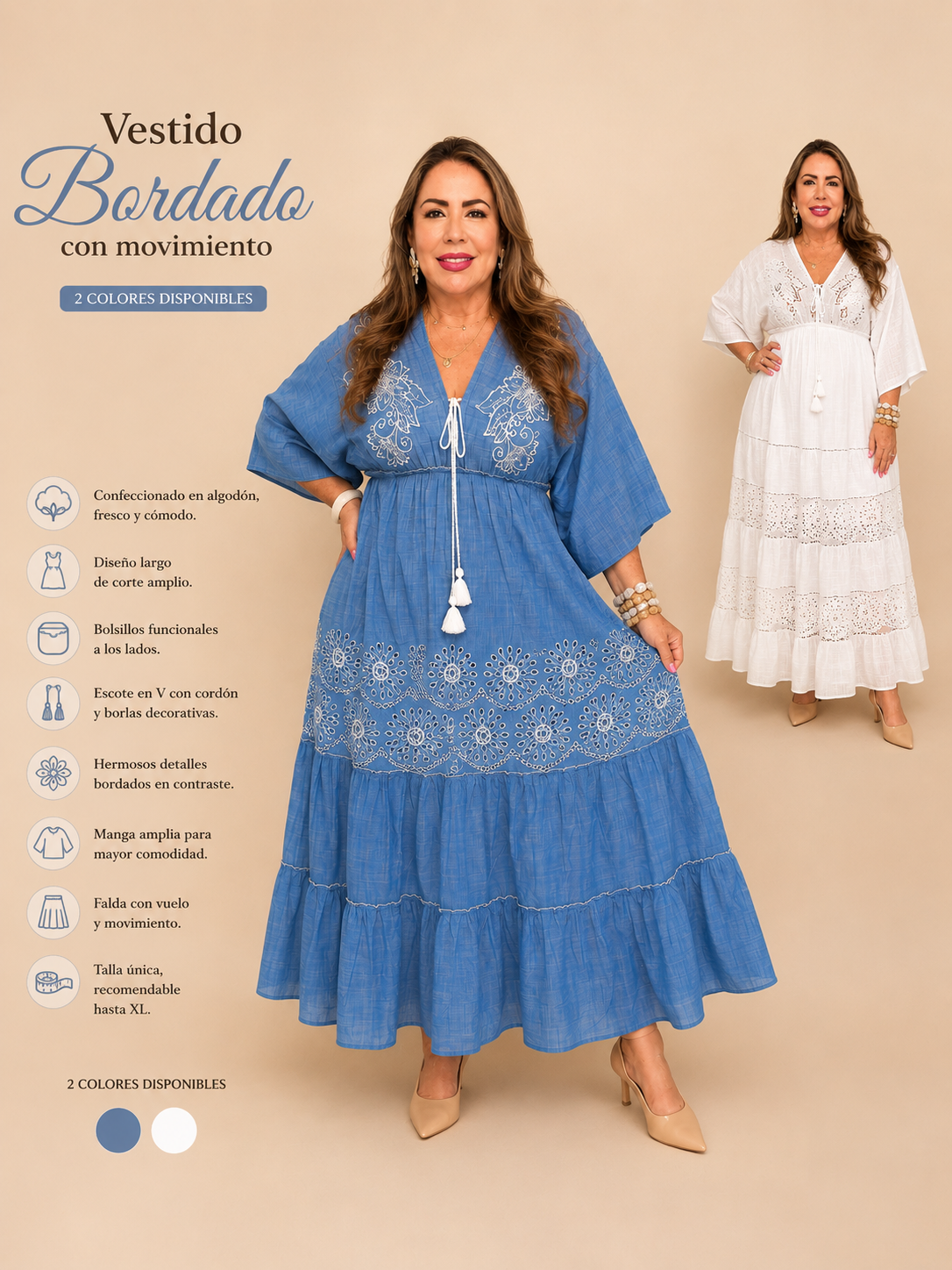 Vestido Largo de Algodón Bordado ✨🤍💙