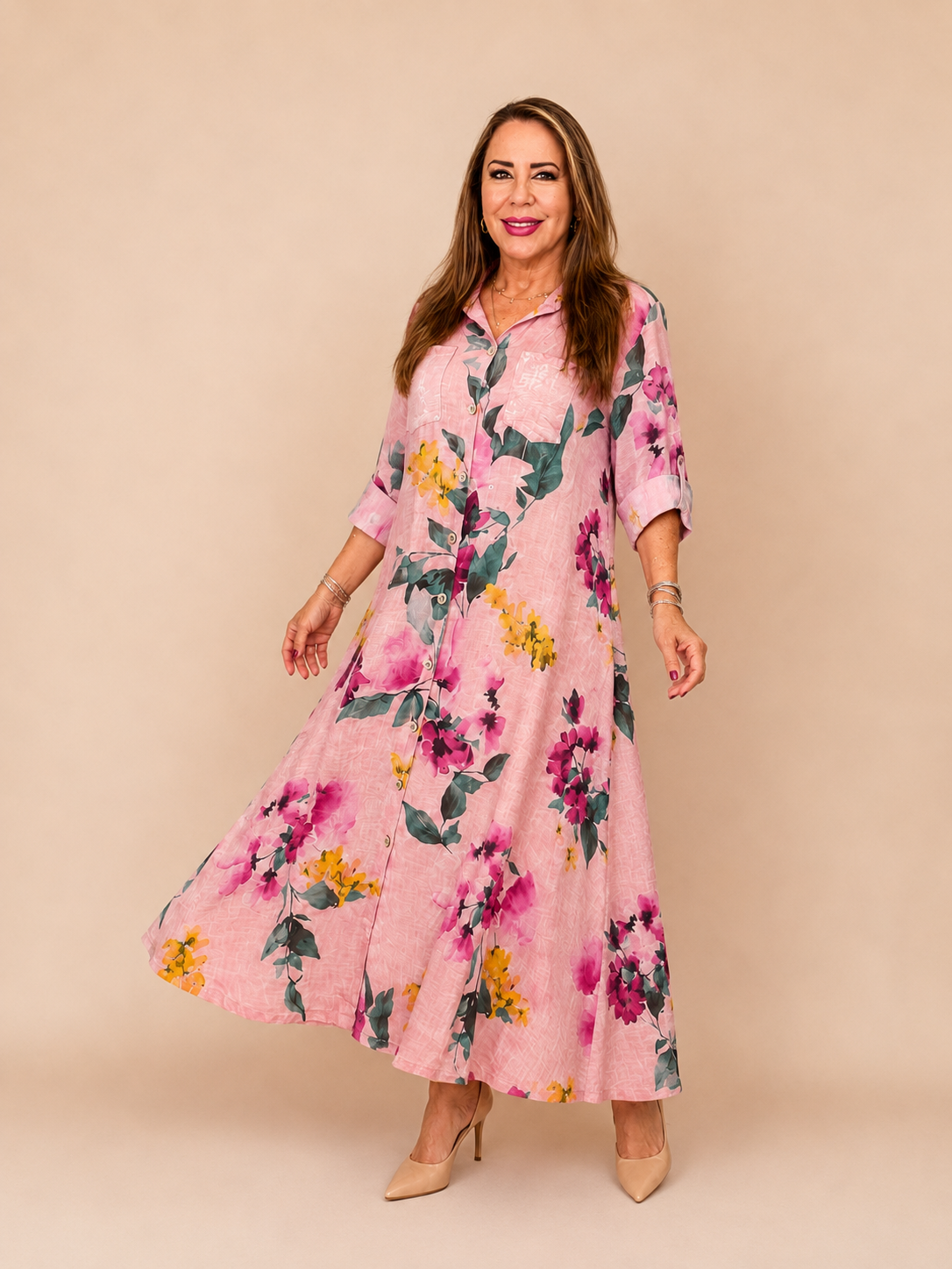 Vestido camisero de lino estampado