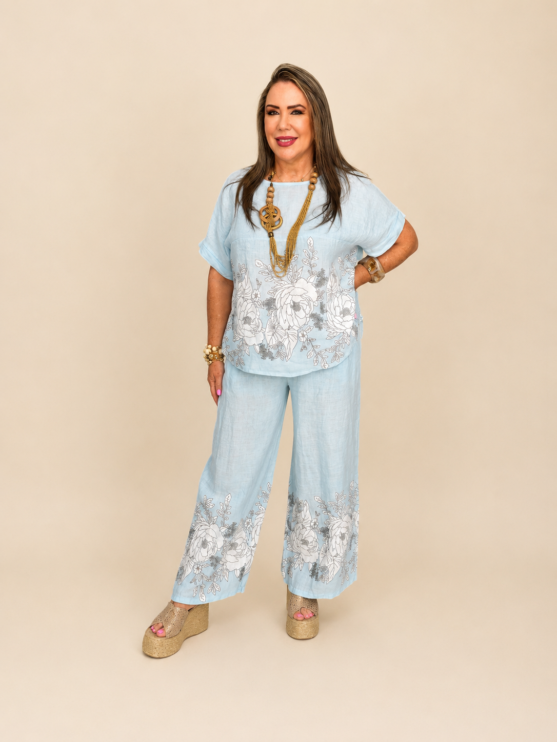 Set de Lino de Dos Piezas – Blusa + Pantalón 🌸🩵