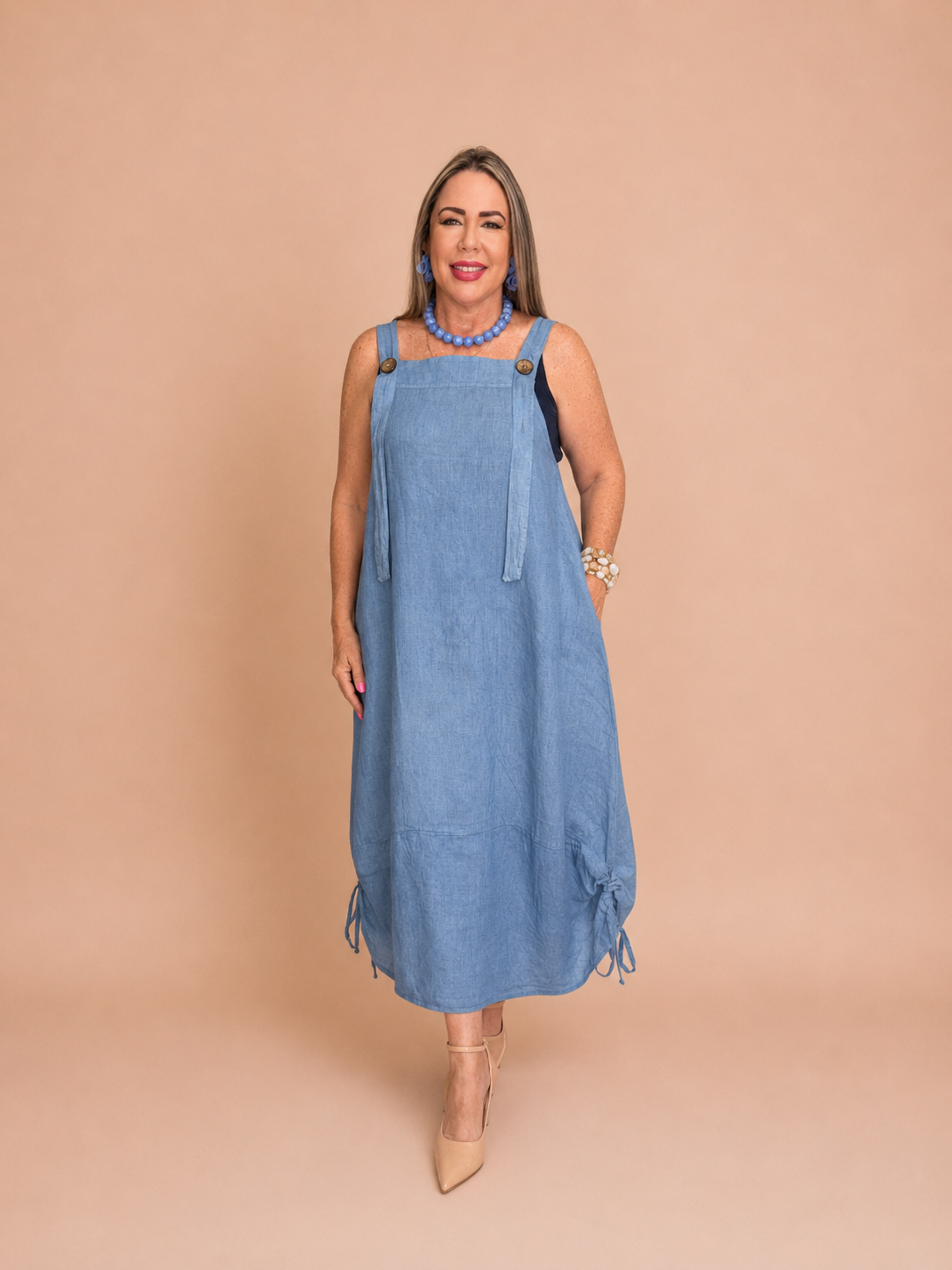 Vestido de Lino Midi con Tirantes y Bolsillos
