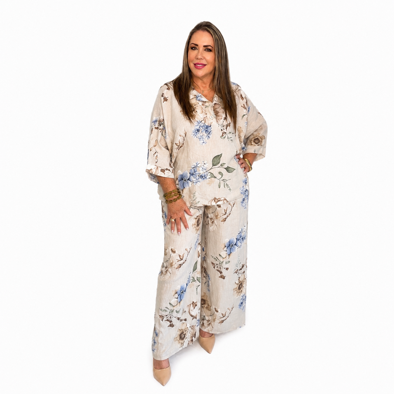 Conjunto Floral Premium de Lino de dos piezas/ blusa y pantalón