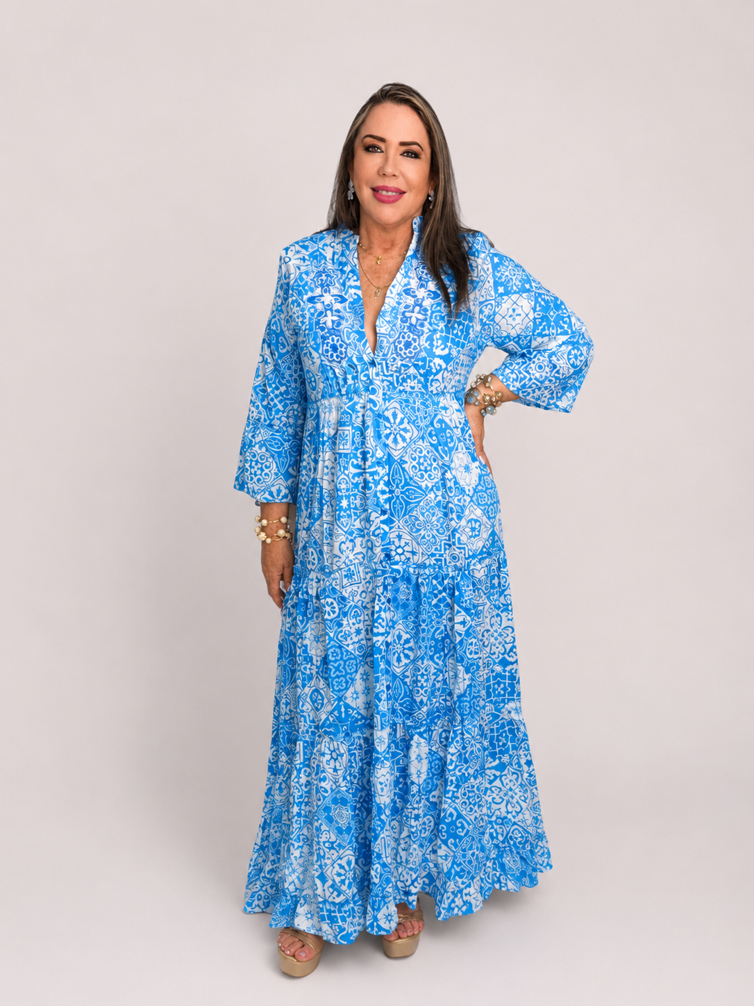 Vestido Maxi Estampado Azul Mediterráneo