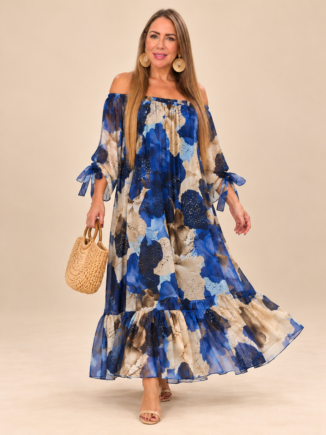 Vestido de Seda Floral – Escote Bardot