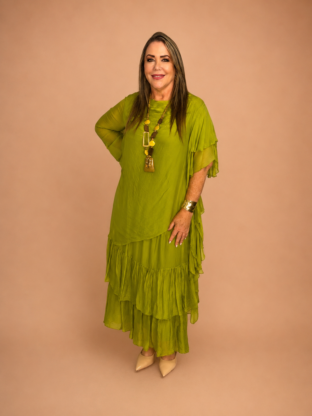 Olive Elegance Silk & Viscose Dress