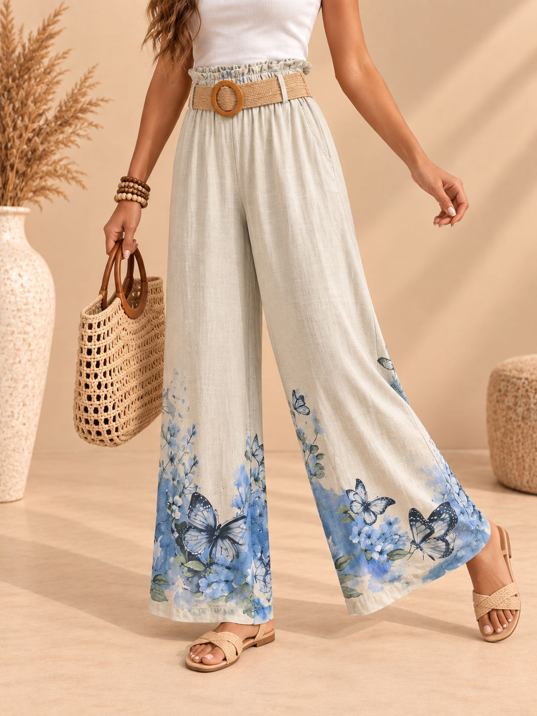 Pantalón de Algodón con Cinturón – Estampado Floral y Mariposas