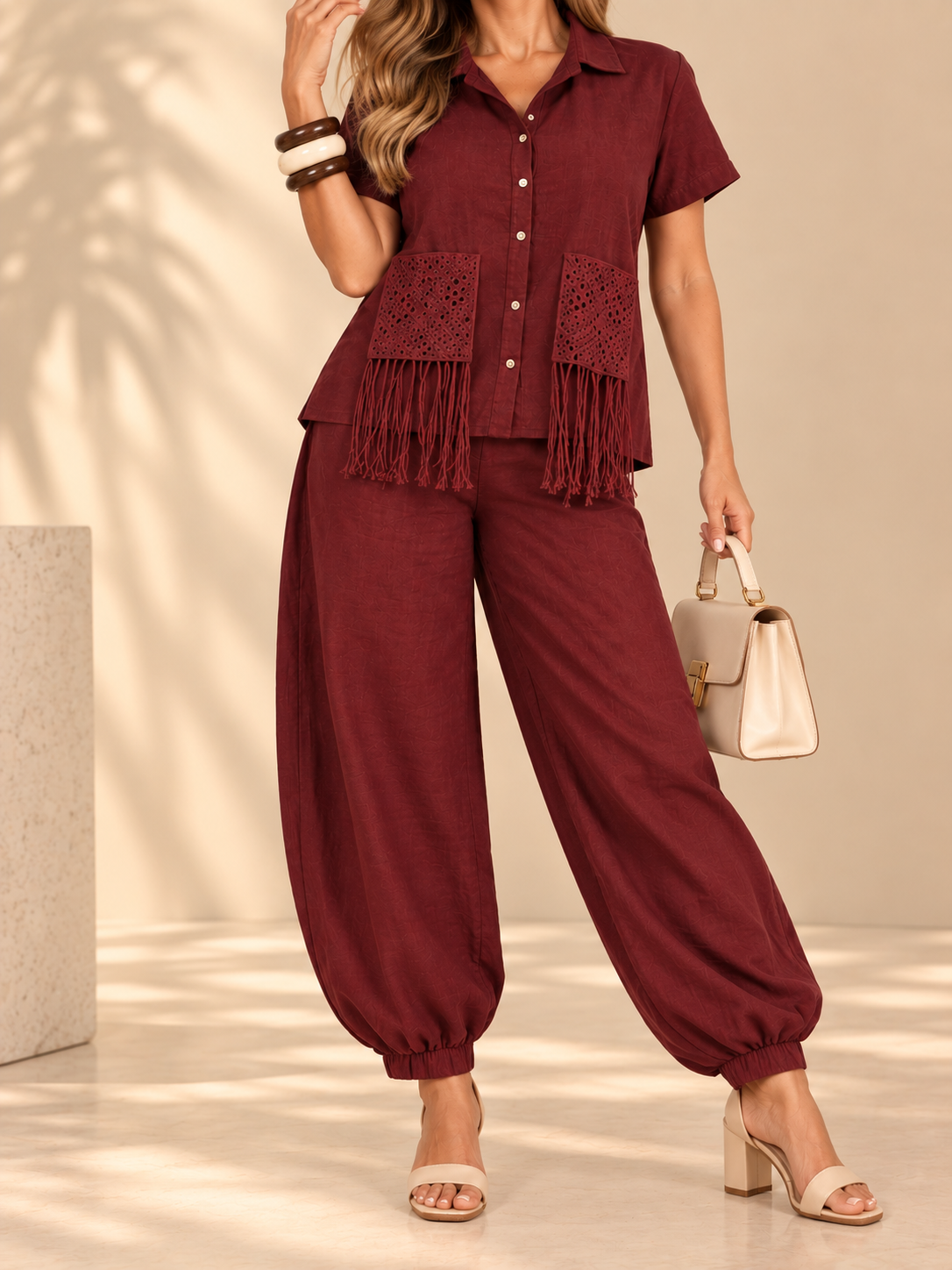 Set de Lino 2 Piezas – Blusa con Flecos + Pantalón ✨