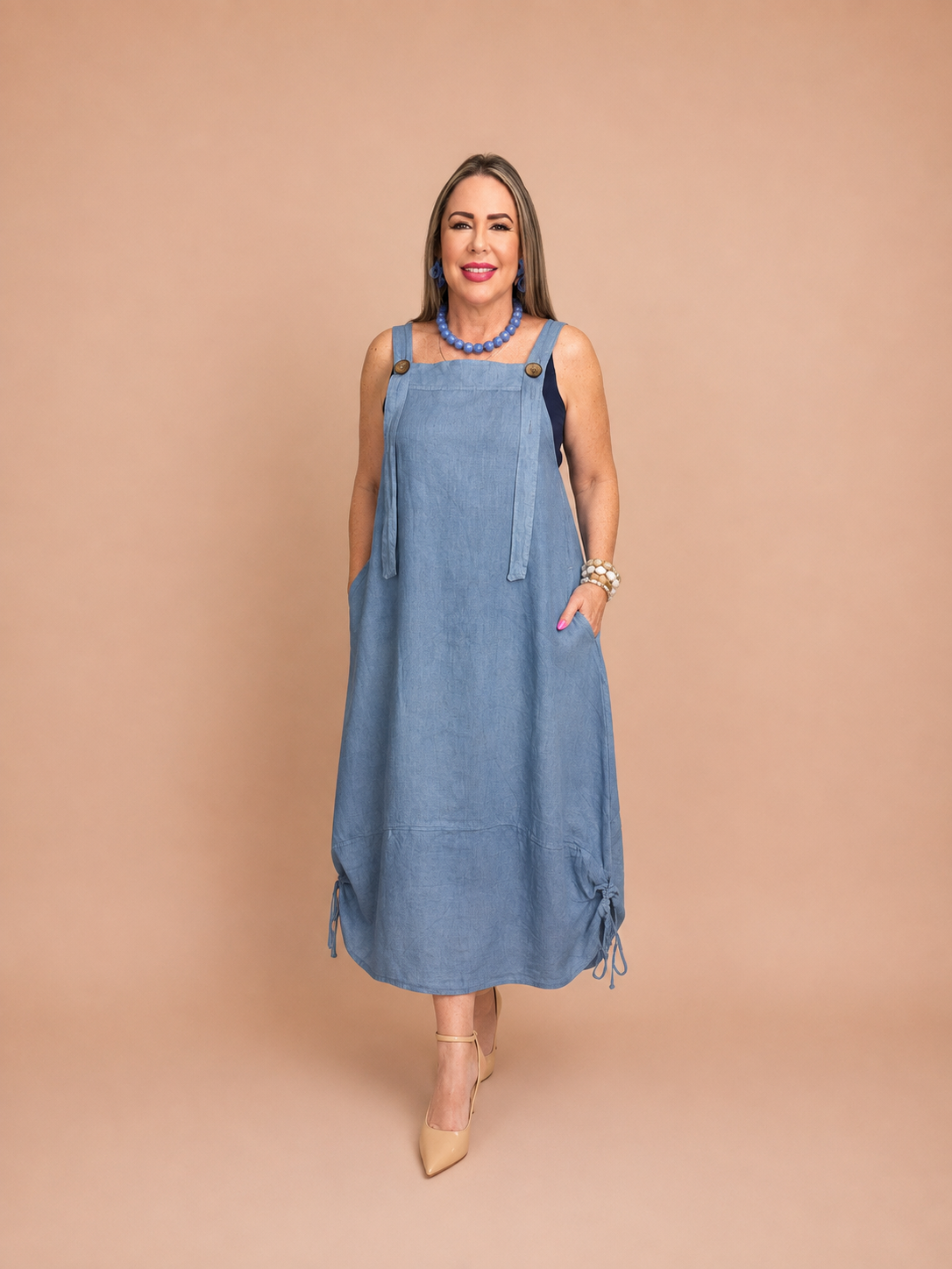 Vestido de Lino Midi con Tirantes y Bolsillos