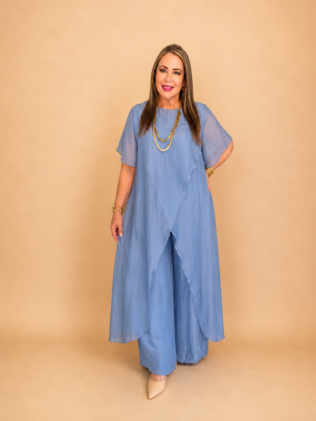 Set de seda de dos piezas/ blusa larga y pantalón