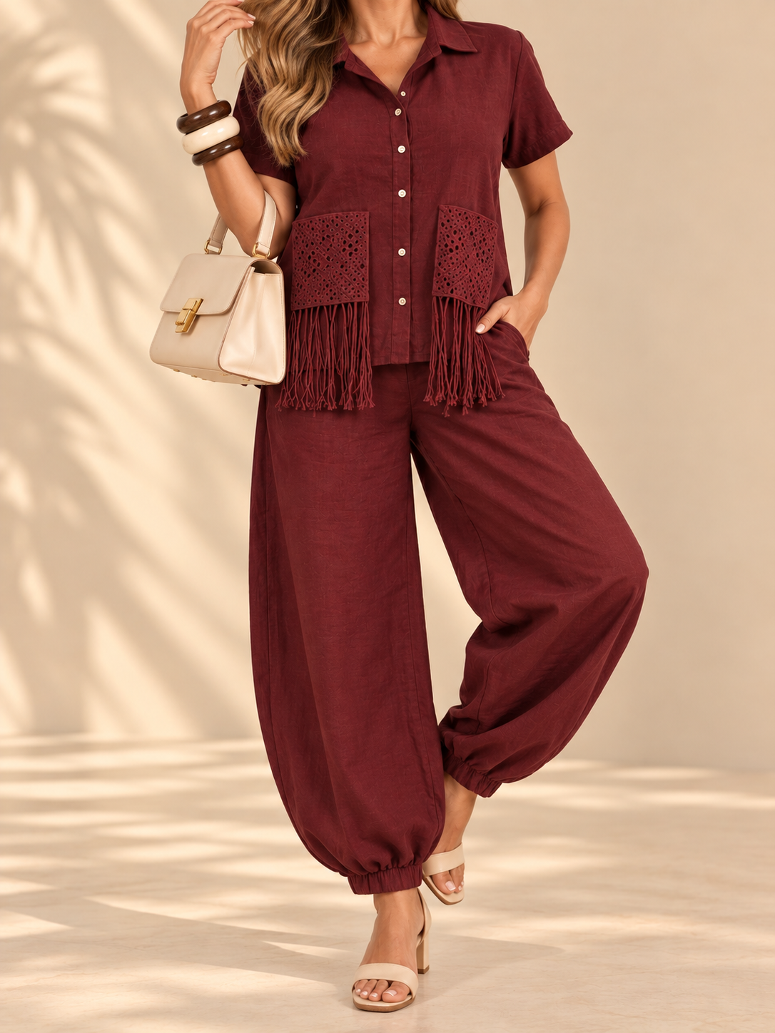 Set de Lino 2 Piezas – Blusa con Flecos + Pantalón ✨