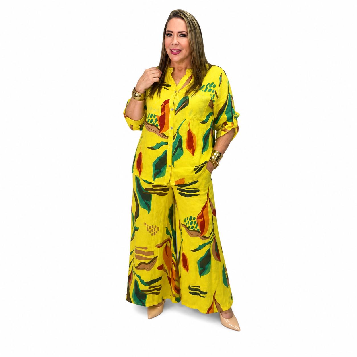 Set de lino amarillo estampado
