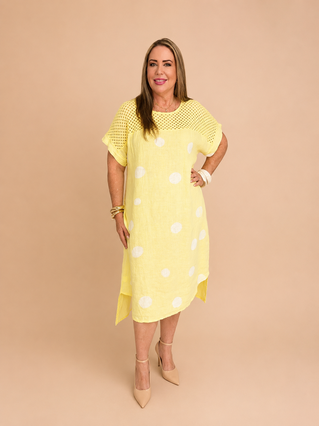 Vestido de Lino Lunares Amarillo Mantequilla