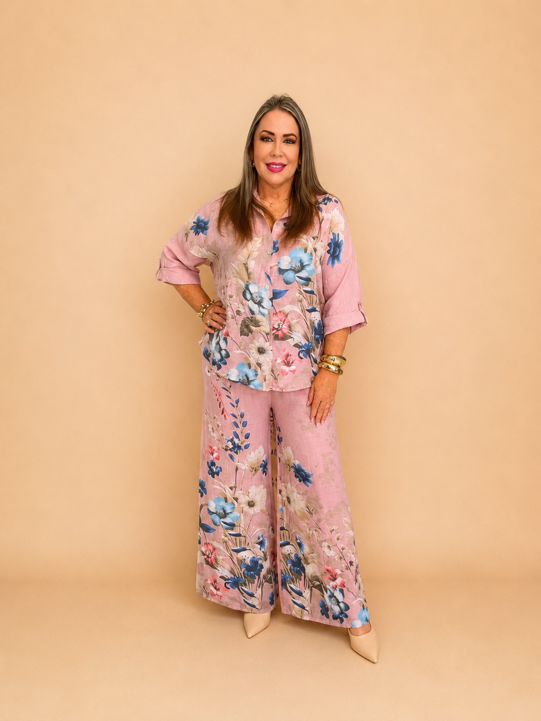 Set italiano floral de 2 piezas/ camisa y pantalón.