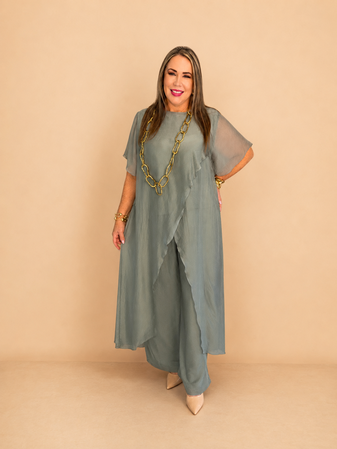 Set de seda de dos piezas/ blusa larga y pantalón