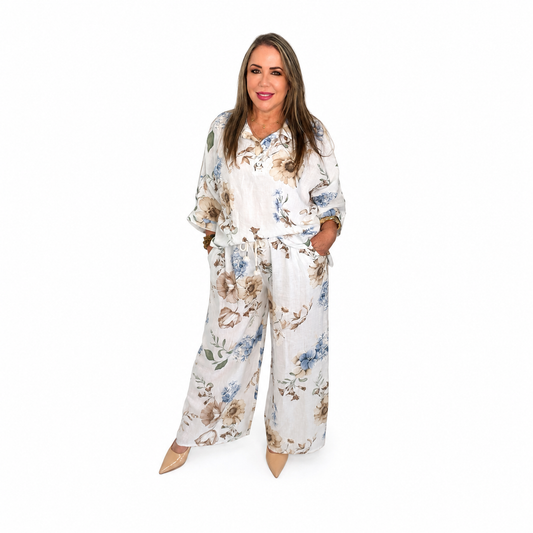 Conjunto Floral Premium de Lino de dos piezas/ blusa y pantalón