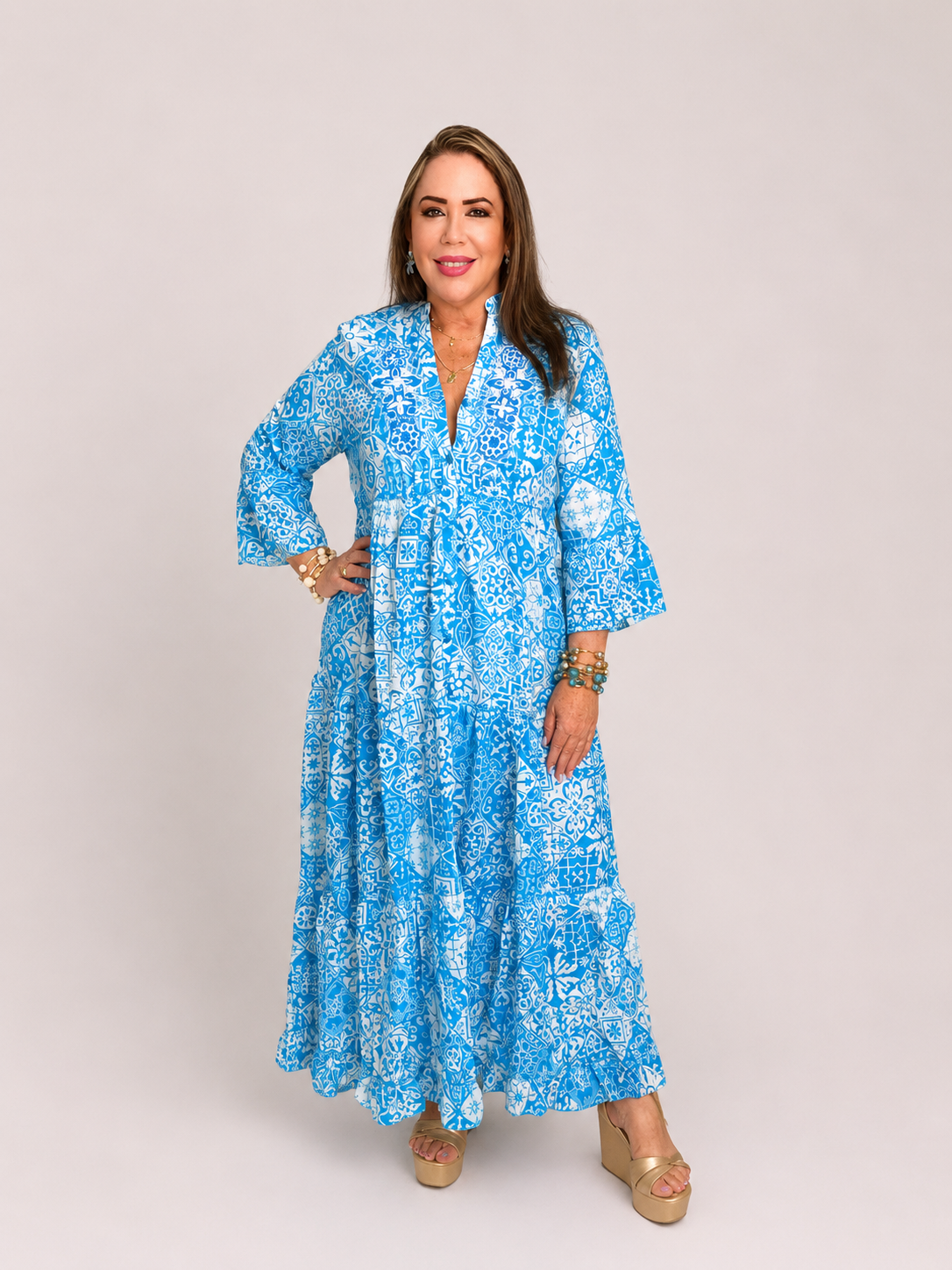 Vestido Maxi Estampado Azul Mediterráneo