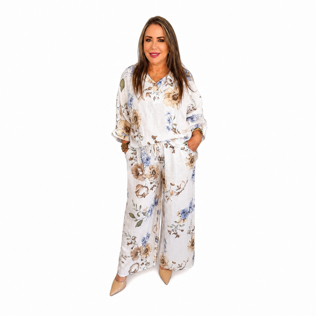 Conjunto Floral Premium de Lino de dos piezas/ blusa y pantalón