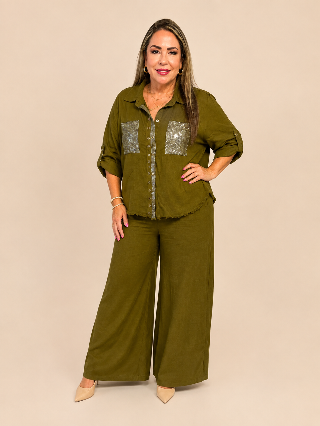 Set de Lino Pantalón con Camisa y Lentejuelas