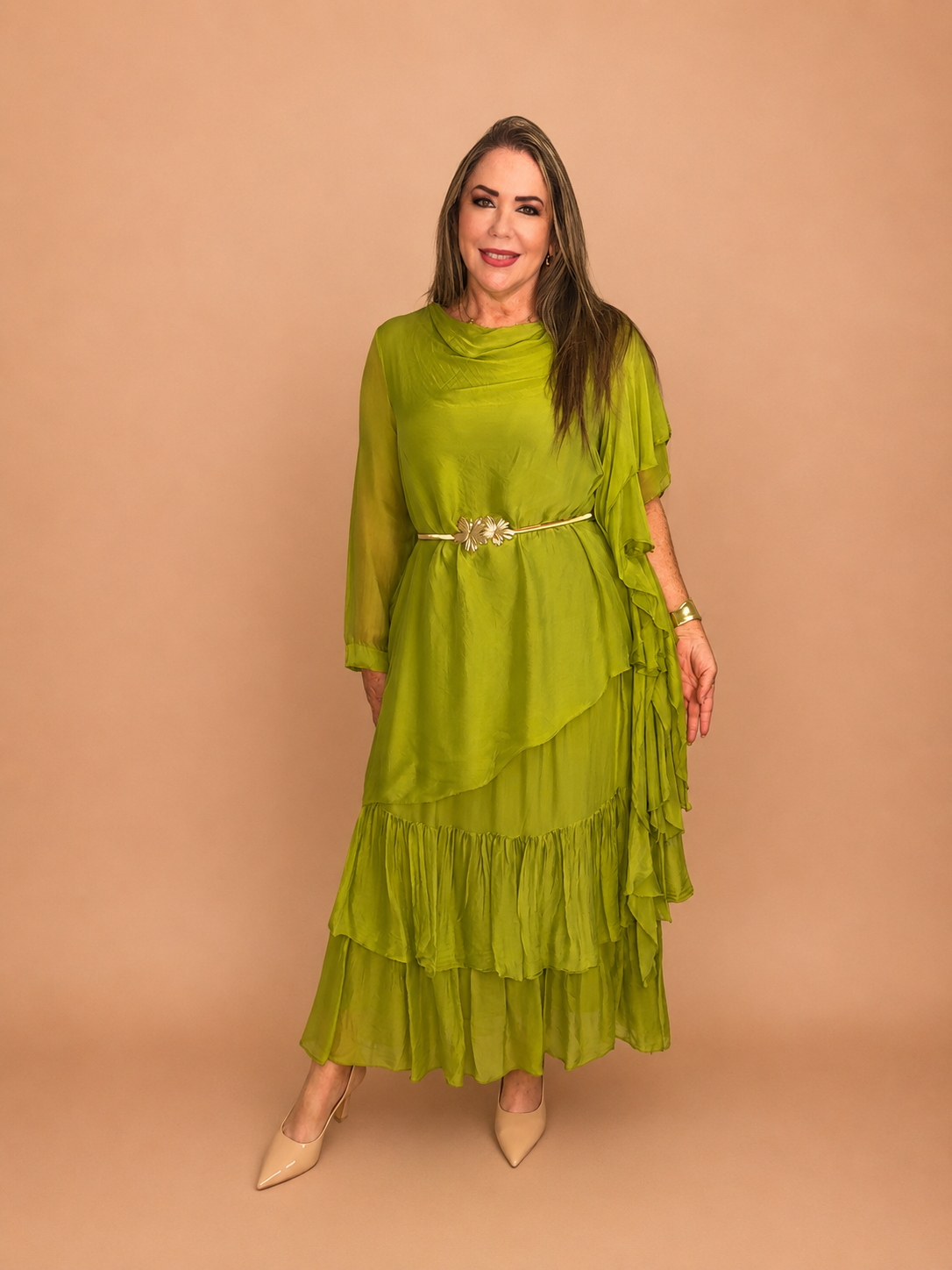 Olive Elegance Silk & Viscose Dress