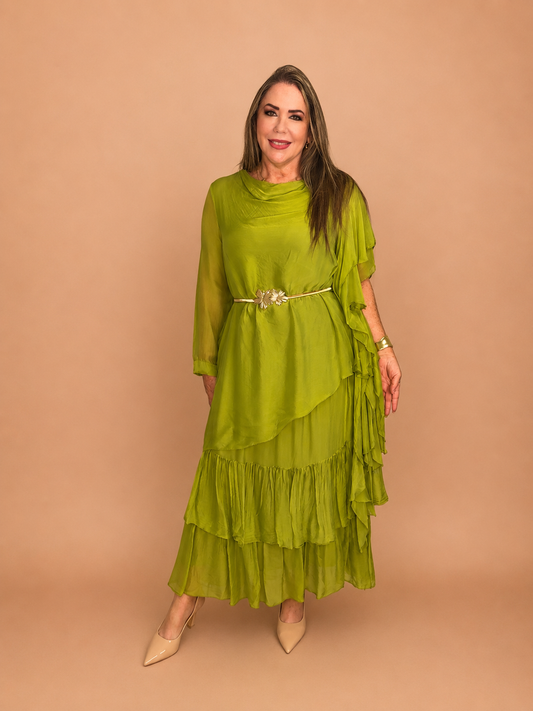 Olive Elegance Silk & Viscose Dress