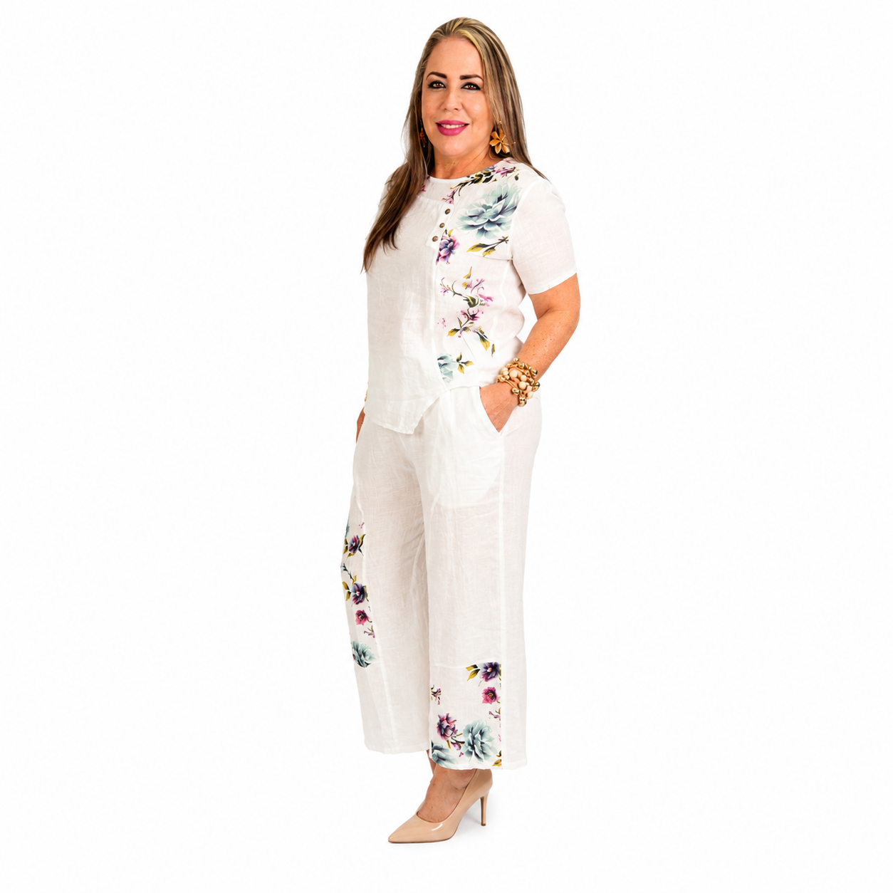 Set en lino color blanco con estampado floral