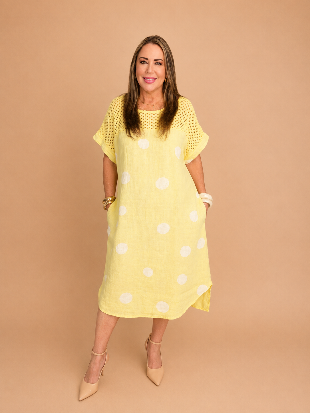 Vestido de Lino Lunares Amarillo Mantequilla