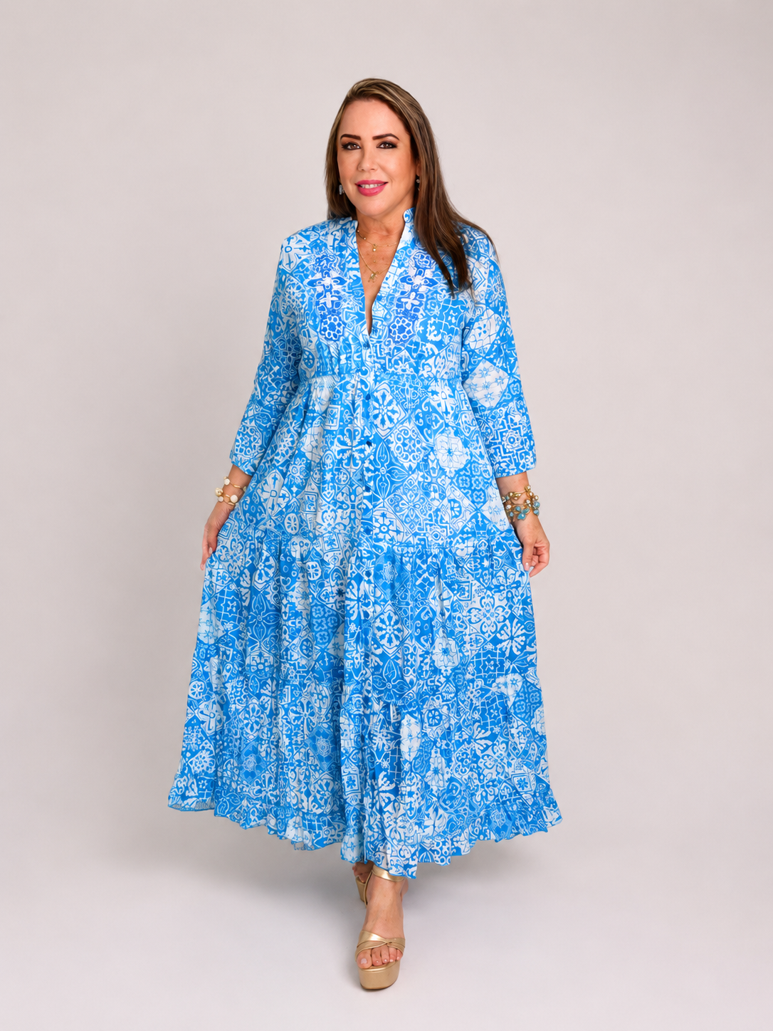 Vestido Maxi Estampado Azul Mediterráneo