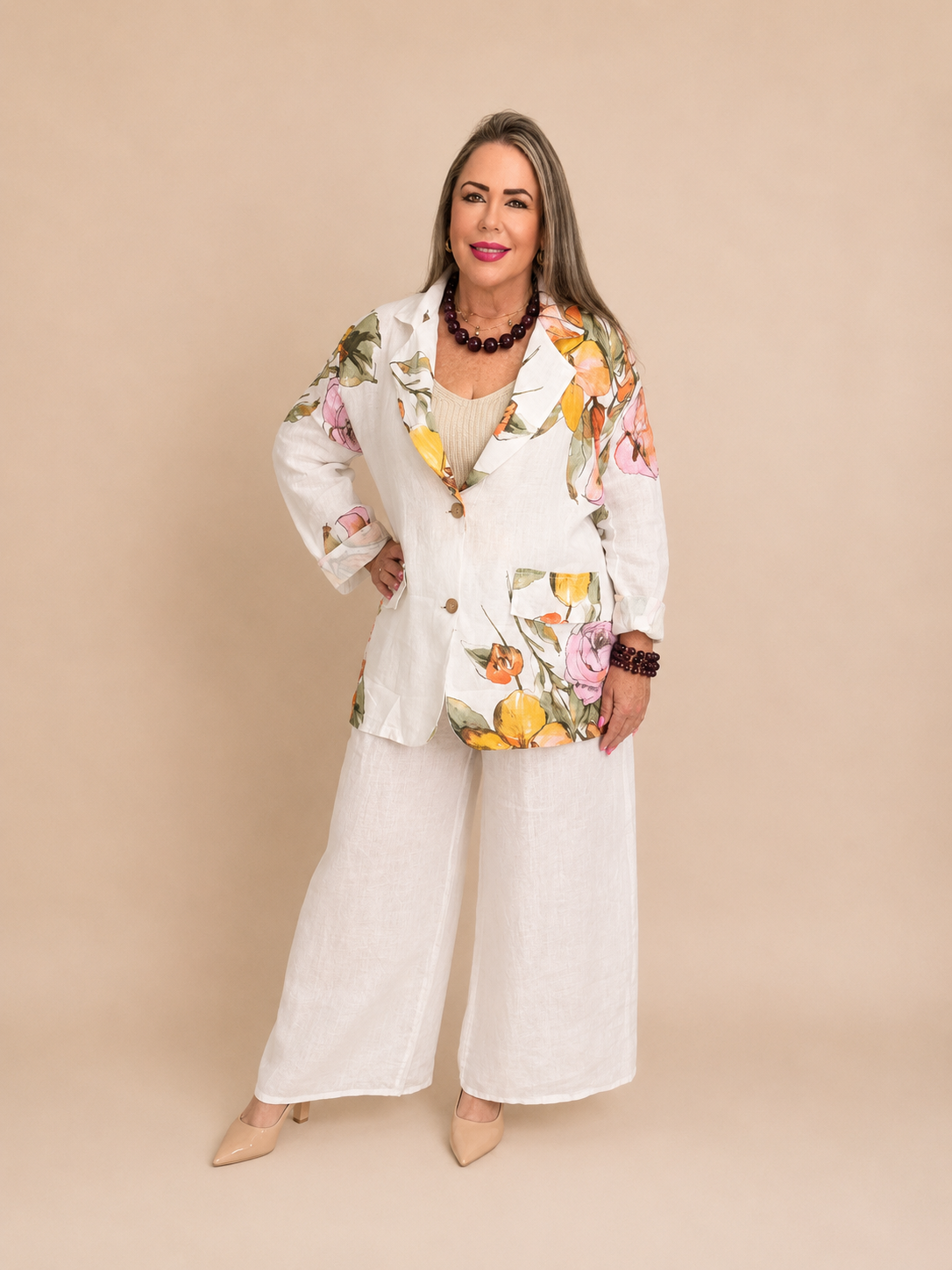 Set de Lino de Dos Piezas con Blazer Floral