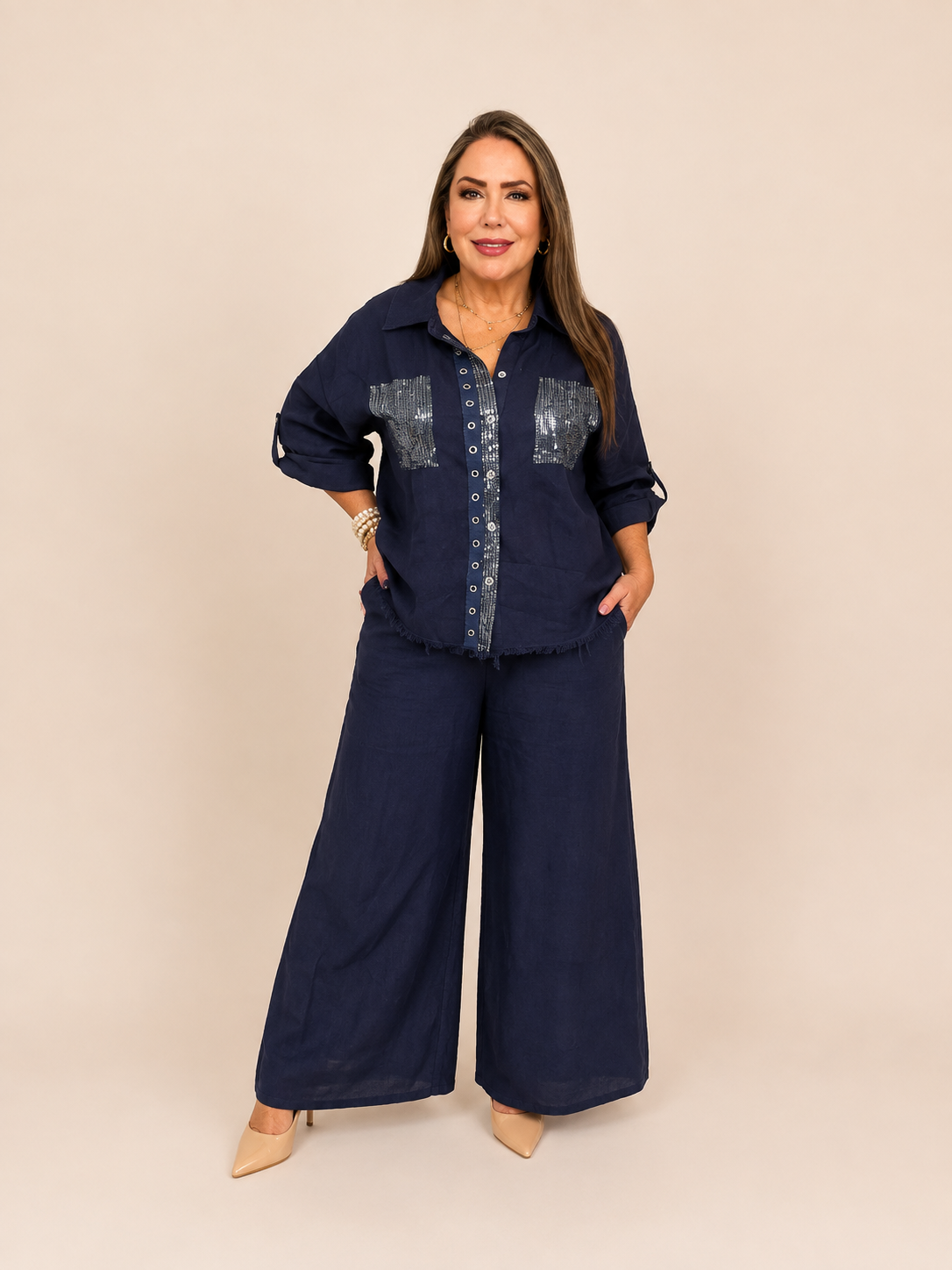 Set de Lino Pantalón con Camisa y Lentejuelas