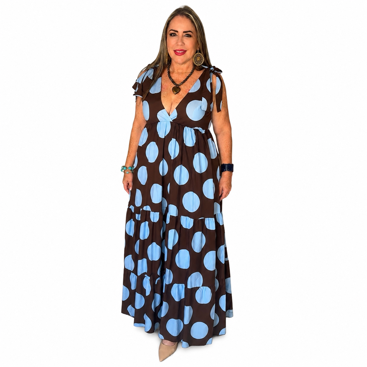 Vestido Largo de Lunares con Escote en V