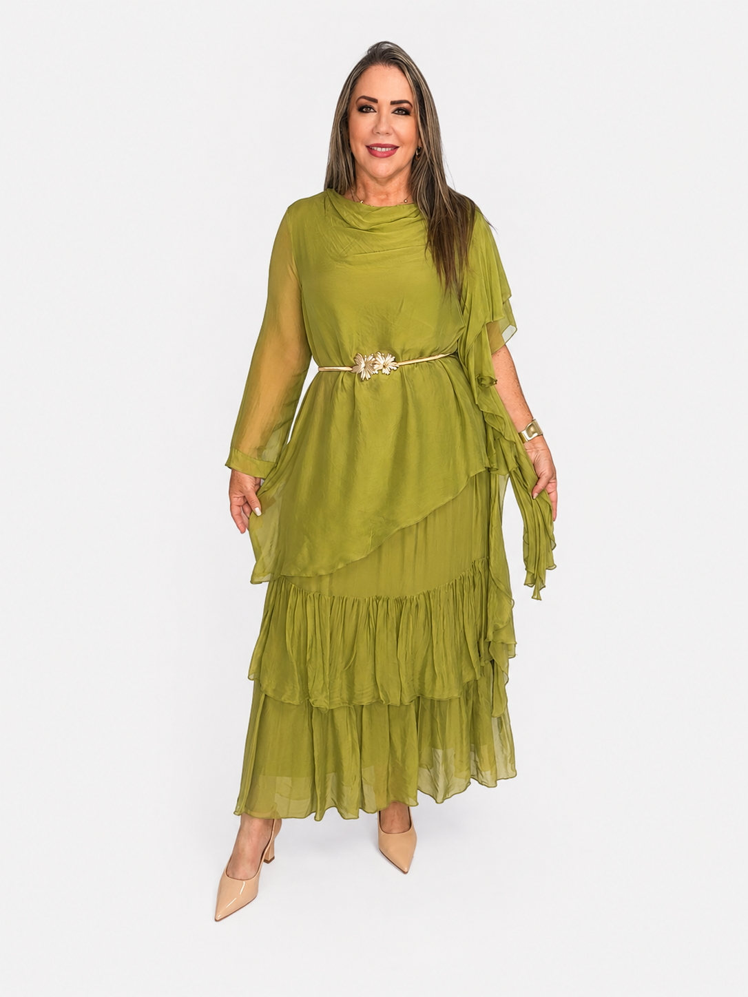 Olive Elegance Silk & Viscose Dress