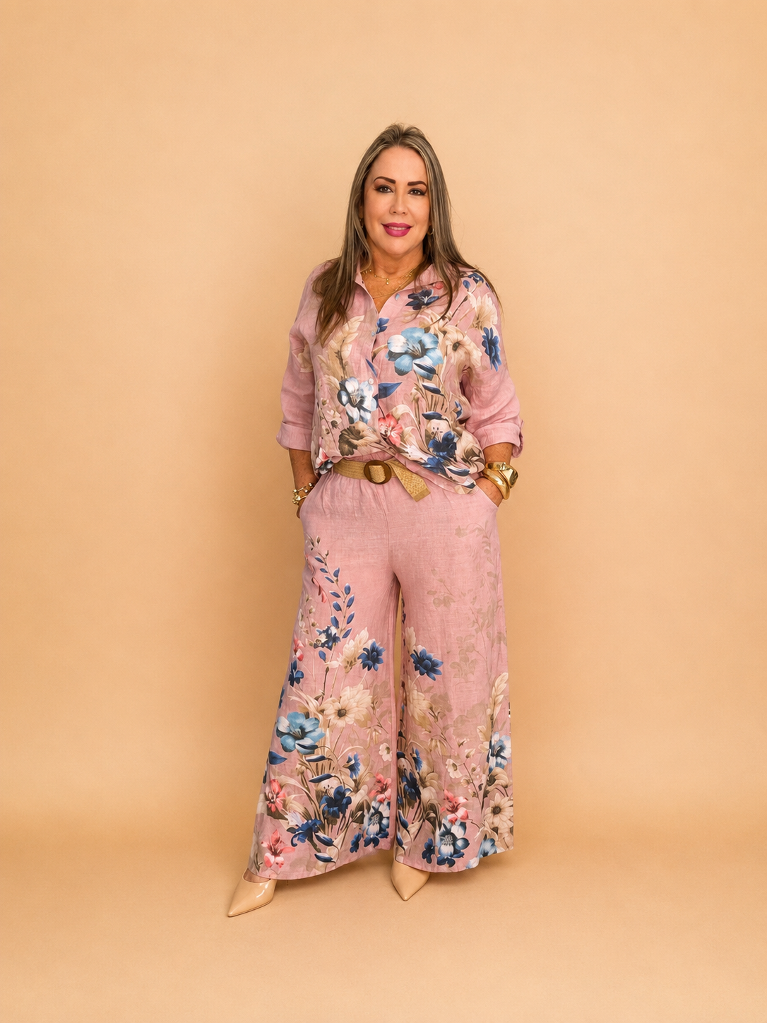 Set italiano floral de 2 piezas/ camisa y pantalón.