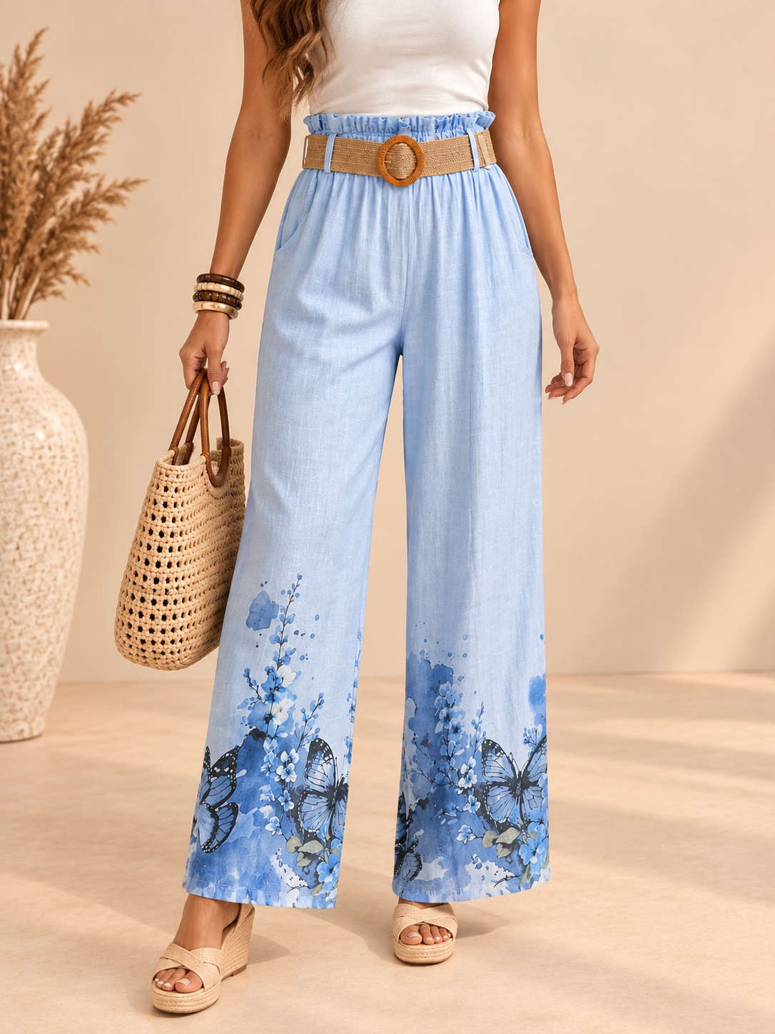 Pantalón de Algodón con Cinturón – Estampado Floral y Mariposas