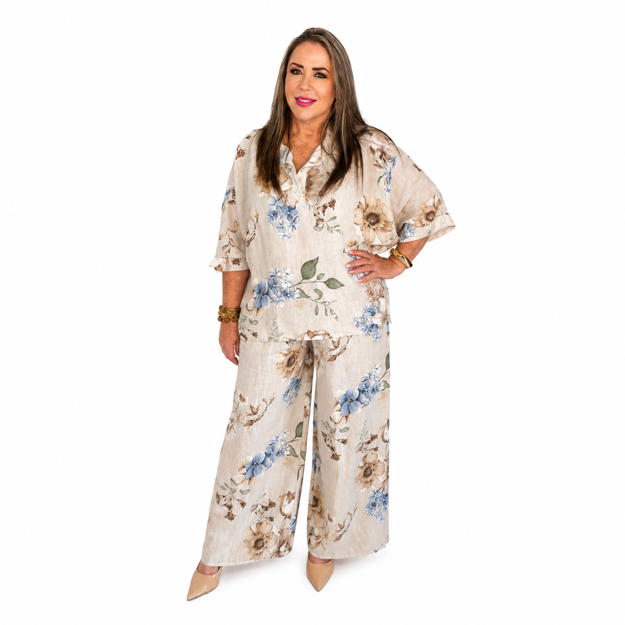 Conjunto Floral Premium de Lino de dos piezas/ blusa y pantalón