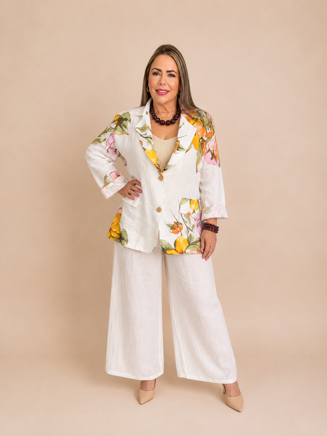 Set de Lino de Dos Piezas con Blazer Floral