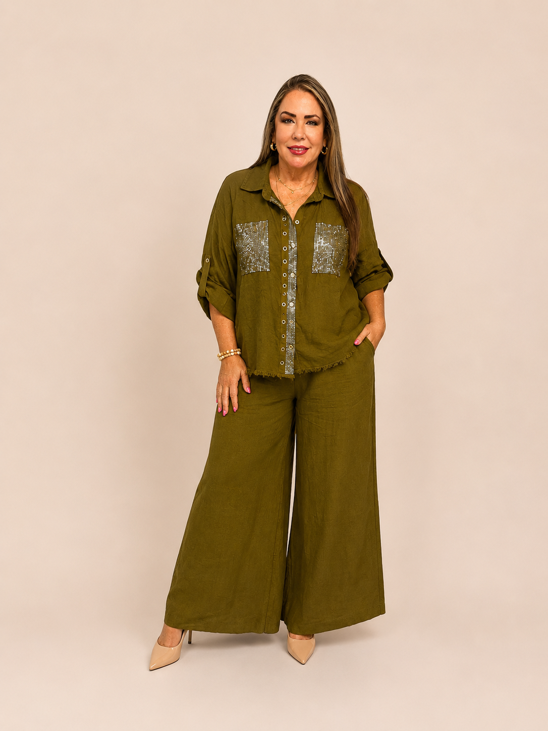 Set de Lino Pantalón con Camisa y Lentejuelas