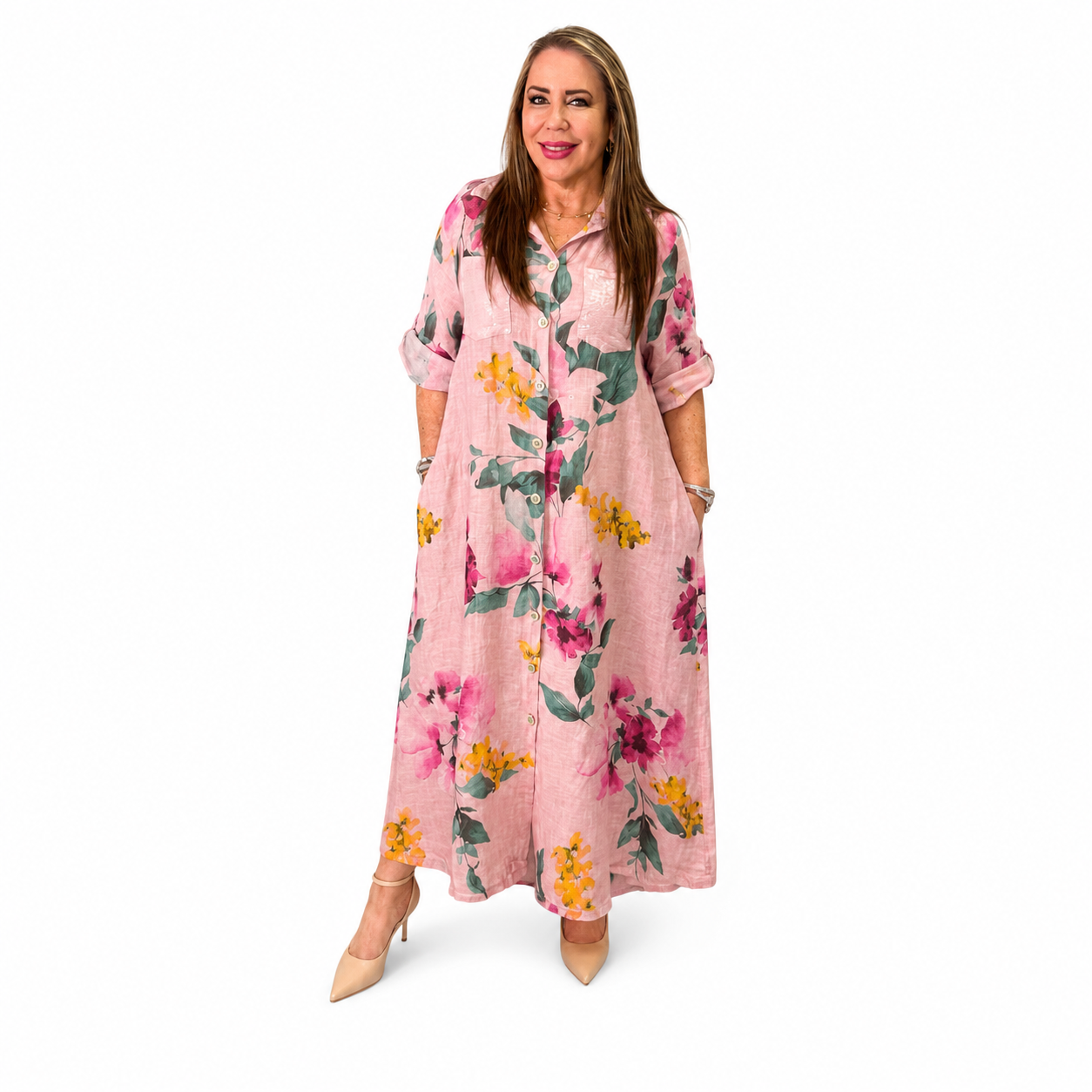 Vestido camisero de lino estampado