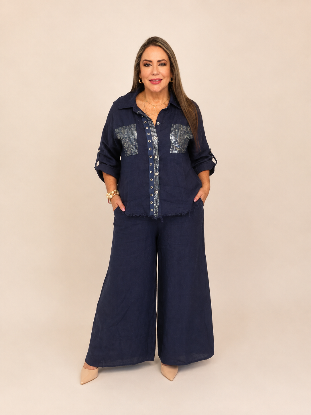 Set de Lino Pantalón con Camisa y Lentejuelas
