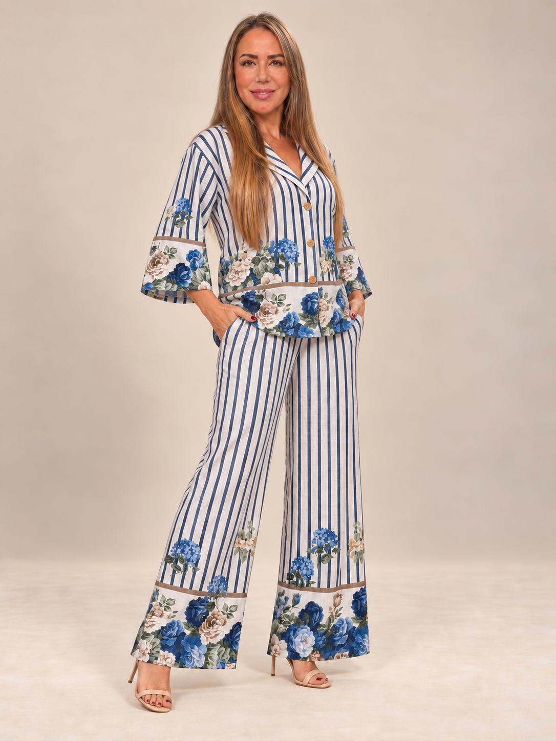 Set de Lino Floral – Chaqueta + Pantalón Palazzo