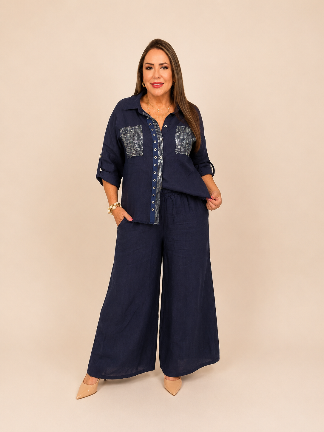 Set de Lino Pantalón con Camisa y Lentejuelas