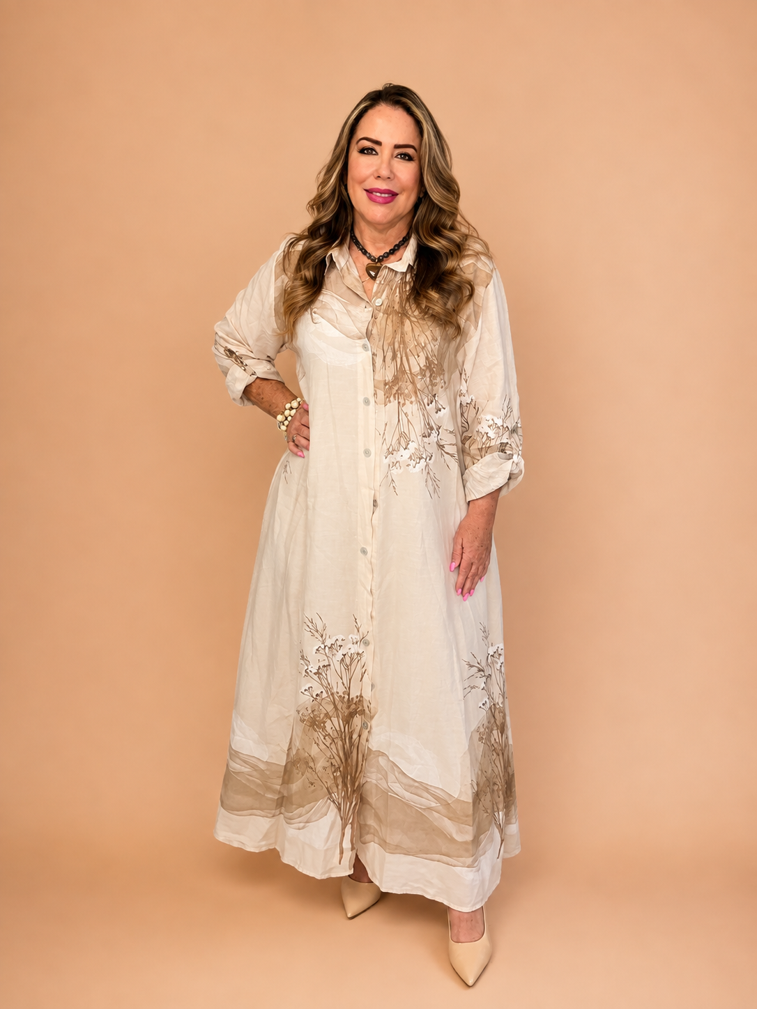 Vestido Camisero Largo de Lino Estampado