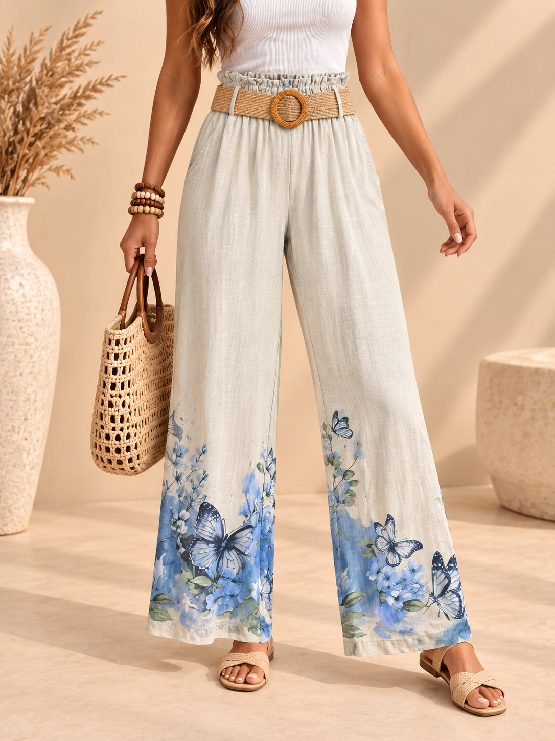 Pantalón de Algodón con Cinturón – Estampado Floral y Mariposas