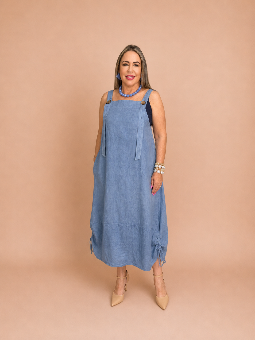 Vestido de Lino Midi con Tirantes y Bolsillos