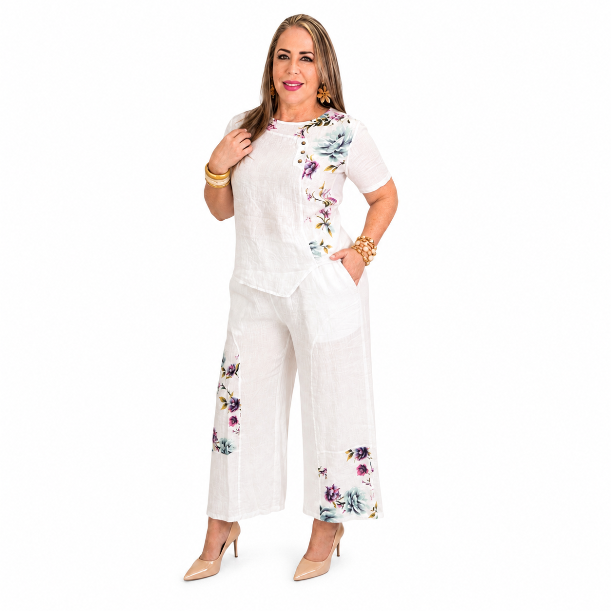 Set en lino color blanco con estampado floral