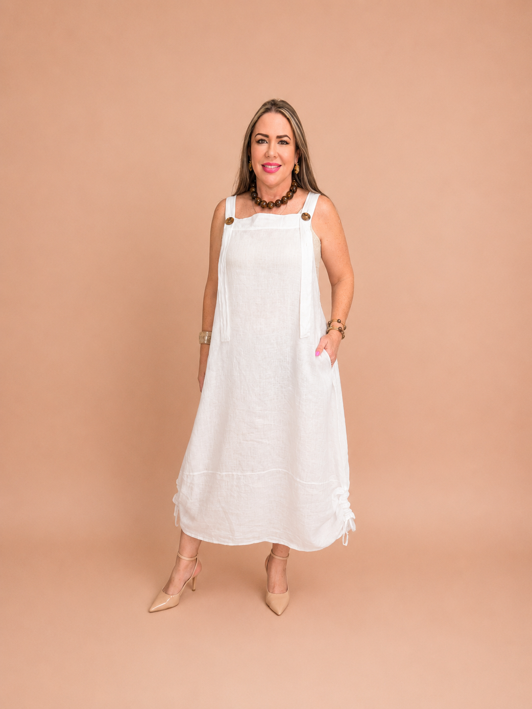 Vestido de Lino Midi con Tirantes y Bolsillos